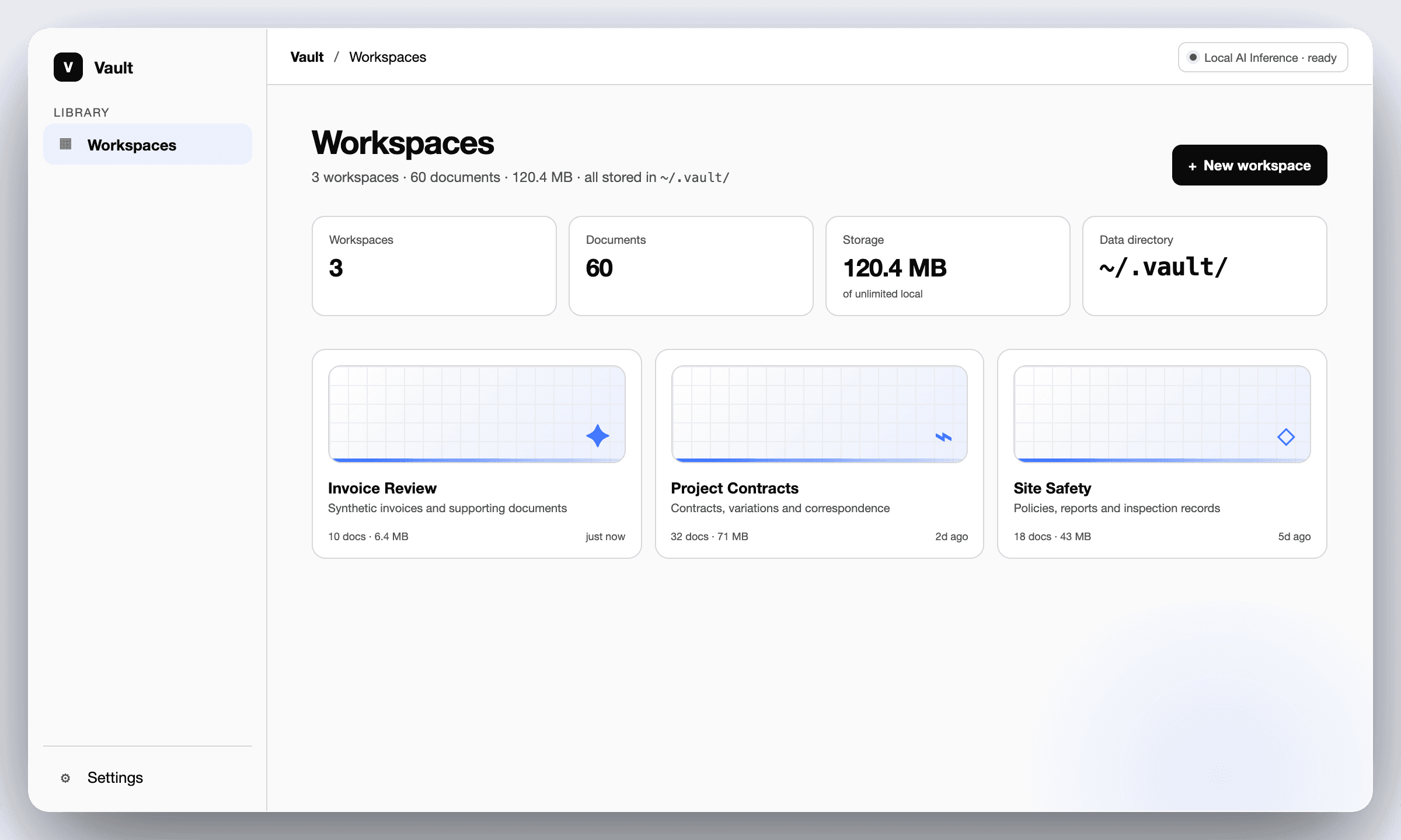 Vault workspace library showing separate document collections and local AI inference status